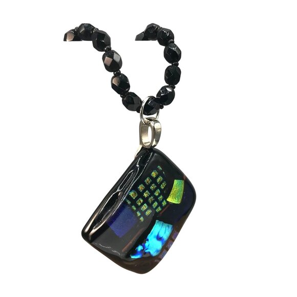 Dichroic Art Glass Modernist Pendant on Black Glass Beaded Chain, Beautiful Vint - Picture 7 of 8